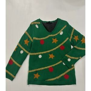 With Love Derek Womens XL Green‎ Christmas Tree Sweater Tinsel Star V-Neck Lined